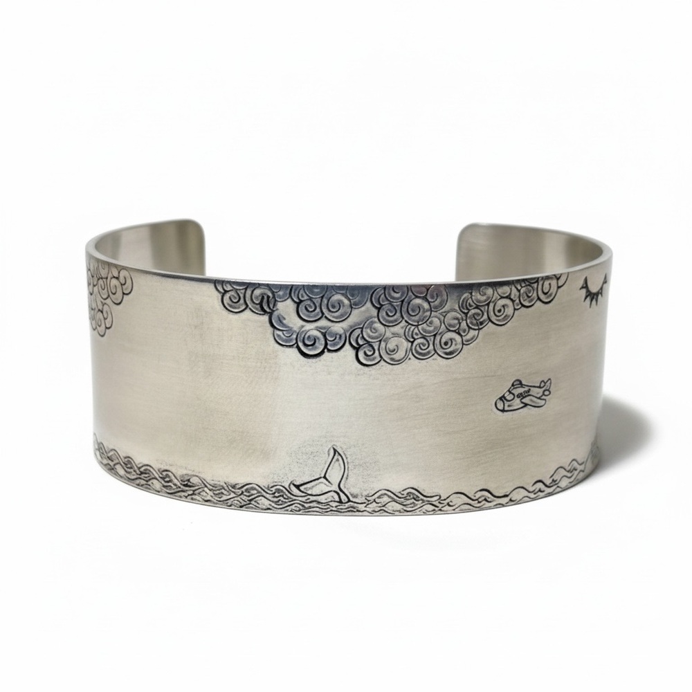 Handmade stamped ocean scene adjustable silver hypoallergenic wide cuff bracelet